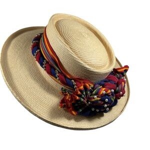 Handwoven Guatemalan Palm Leaf Hat with Multicolor Ribbon by Gumarcaah Size 57 M